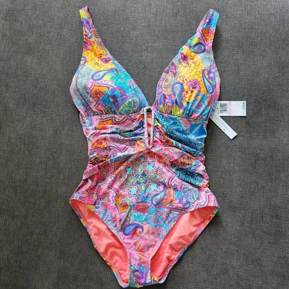 2024 Bleu Rod Beattie shirred plunge Groovy v neck Paisley pink swimsuit size 10 - Picture 1 of 16